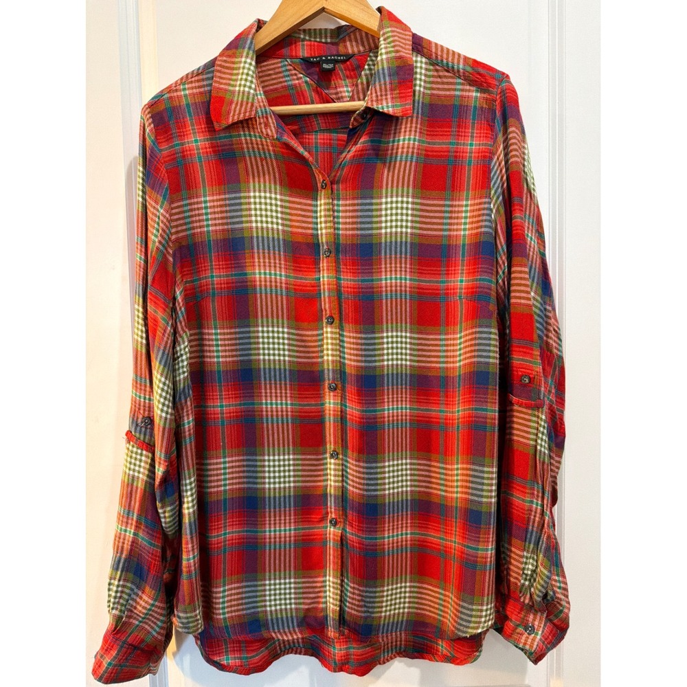 Zac & Rachel Red Plaid Roll Tab Sleeve Rayon Button Down Shirt XL Flannel